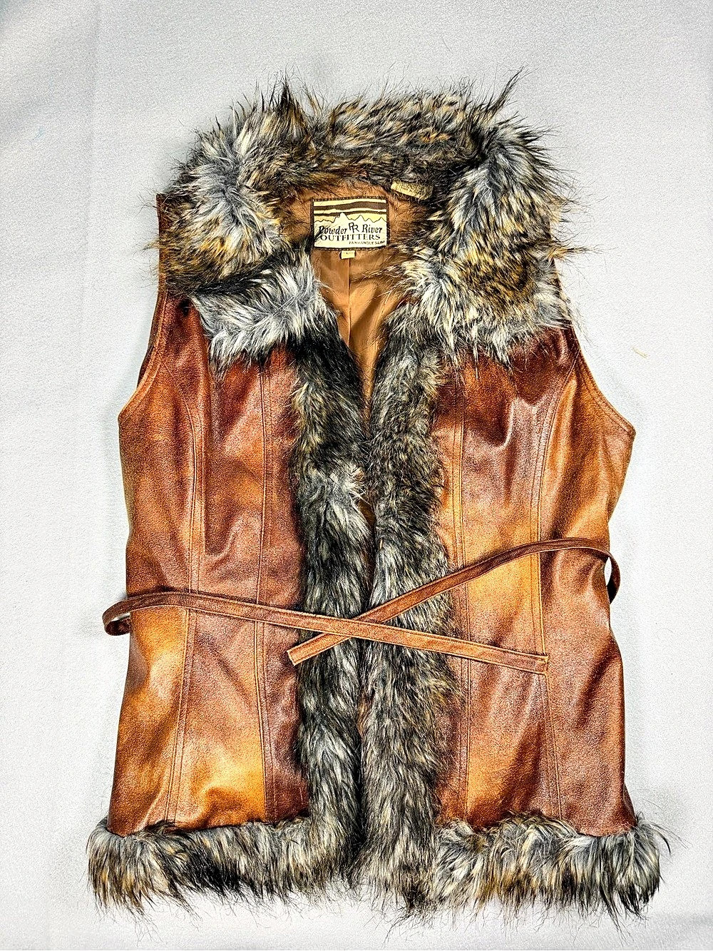 Powder River Outfitters Faux Fur Trimmed Faux Leather Vest Brown & Gray Vest